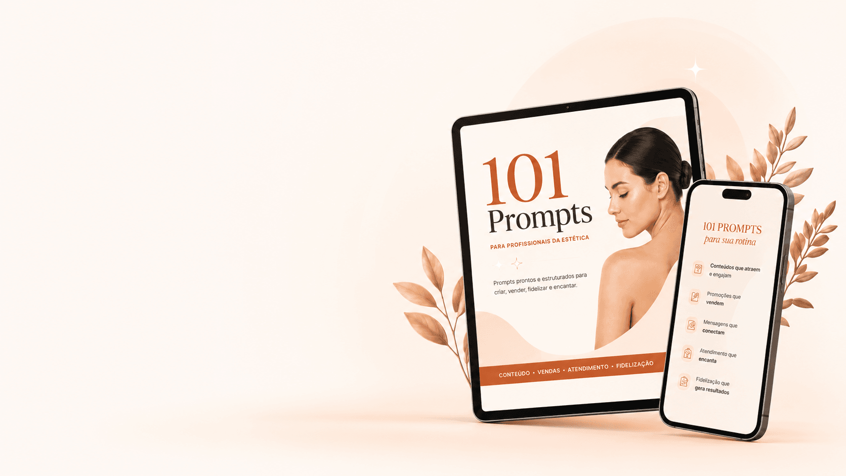 Mockup do e-book 101 Prompts para Profissionais da Estética em tablet e smartphone